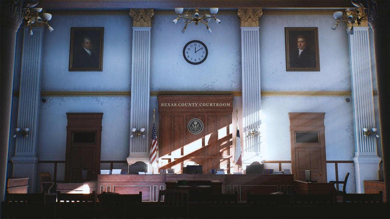 Texas Courtroom virtual production standing set — angle 7 on the L.A. & ABQ Castle Studios stage