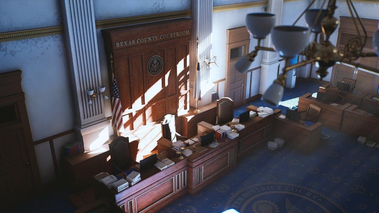 Texas Courtroom virtual production standing set — angle 9 on the L.A. & ABQ Castle Studios stage