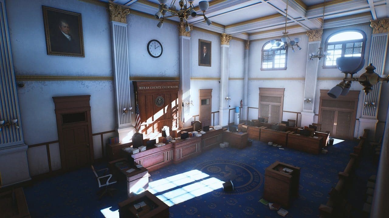 Texas Courtroom virtual production standing set — angle 10 on the L.A. & ABQ Castle Studios stage