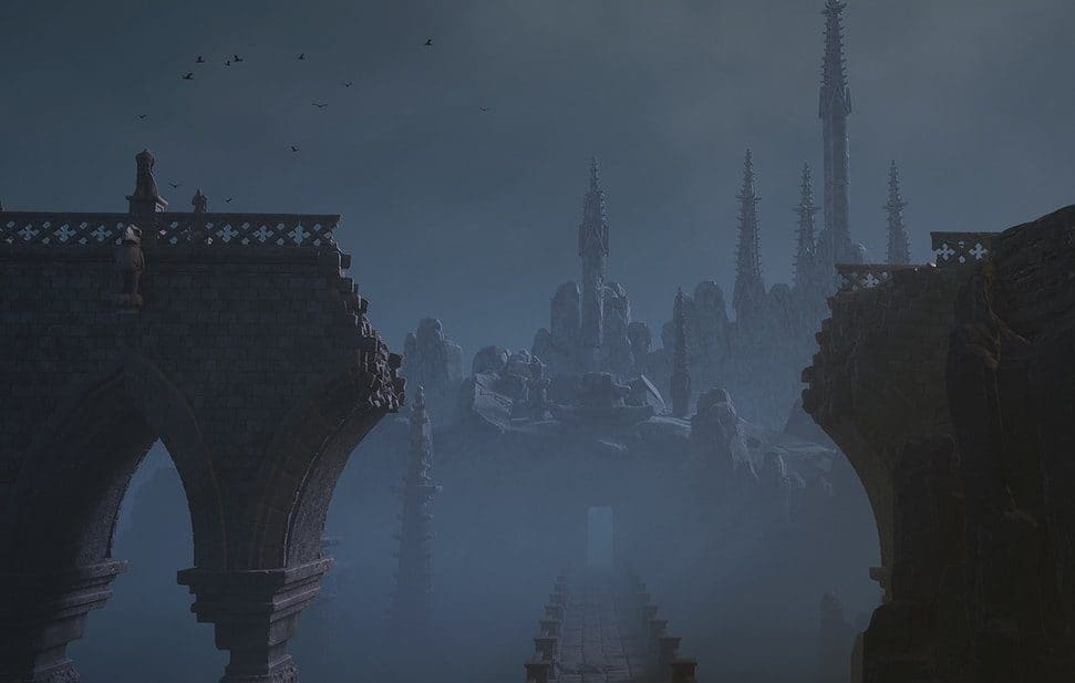 The Gravewood Sanctuary virtual production standing set — angle 3 on the L.A. & ABQ Castle Studios stage