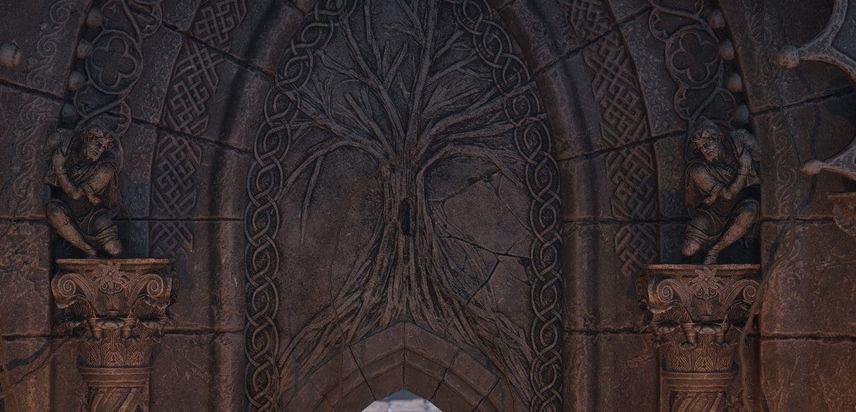 The Gravewood Sanctuary virtual production standing set — angle 7 on the L.A. & ABQ Castle Studios stage
