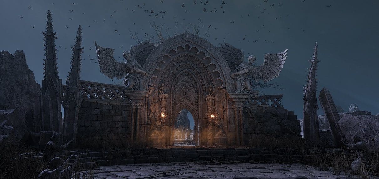 The Gravewood Sanctuary virtual production standing set — angle 8 on the L.A. & ABQ Castle Studios stage