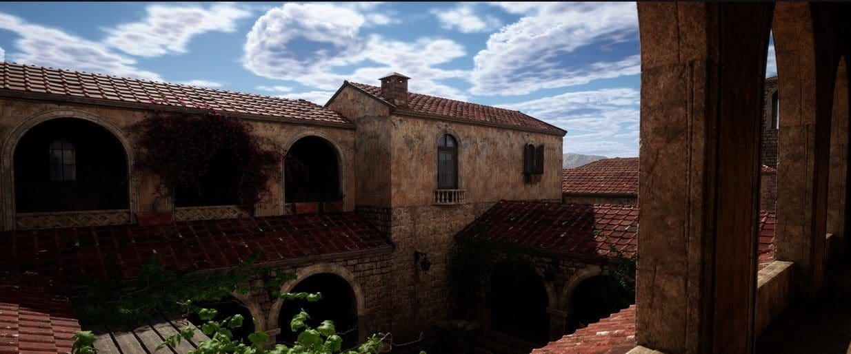 Tuscan Courtyard virtual production standing set — angle 2 on the L.A. & ABQ Castle Studios stage