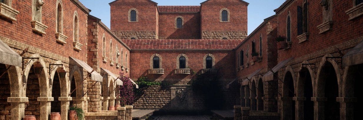 Tuscan Courtyard virtual production standing set — angle 3 on the L.A. & ABQ Castle Studios stage