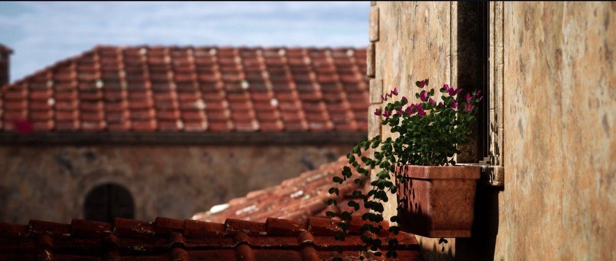 Tuscan Courtyard virtual production standing set — angle 4 on the L.A. & ABQ Castle Studios stage