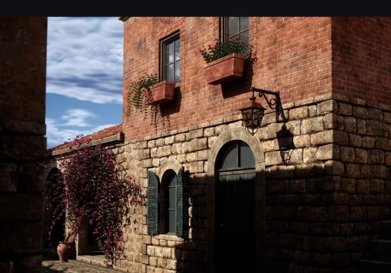 Tuscan Courtyard virtual production standing set — angle 5 on the L.A. & ABQ Castle Studios stage