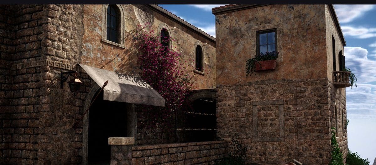 Tuscan Courtyard virtual production standing set — angle 6 on the L.A. & ABQ Castle Studios stage