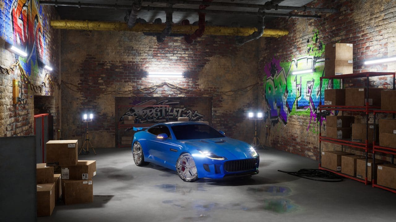 Underground Racing Garage virtual production standing set — angle 2 on the L.A. & ABQ Castle Studios stage