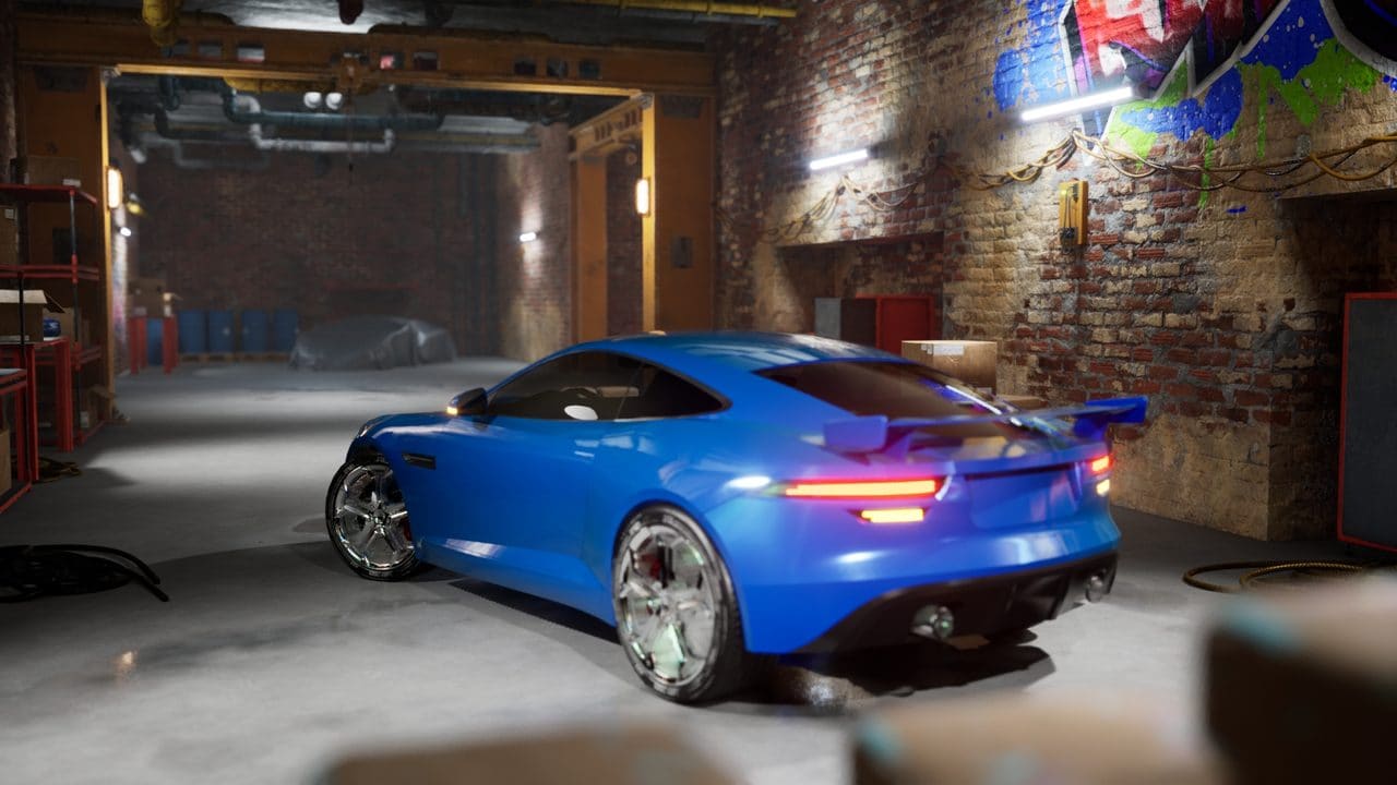 Underground Racing Garage virtual production standing set — angle 3 on the L.A. & ABQ Castle Studios stage