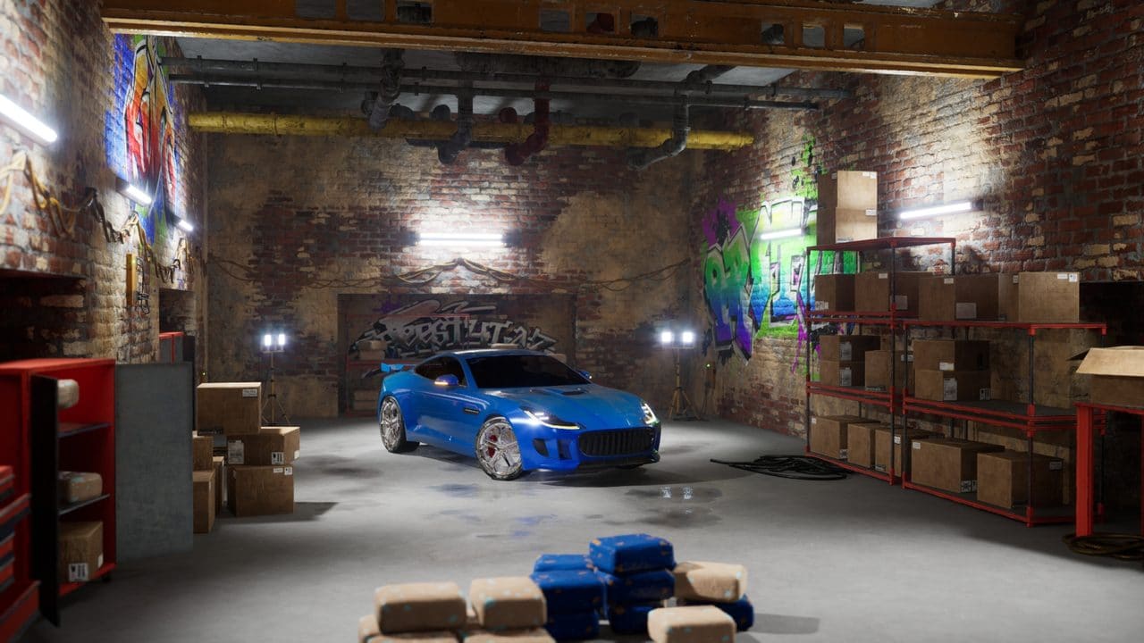 Underground Racing Garage virtual production standing set — angle 4 on the L.A. & ABQ Castle Studios stage