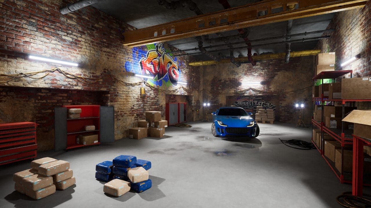Underground Racing Garage virtual production standing set — angle 5 on the L.A. & ABQ Castle Studios stage