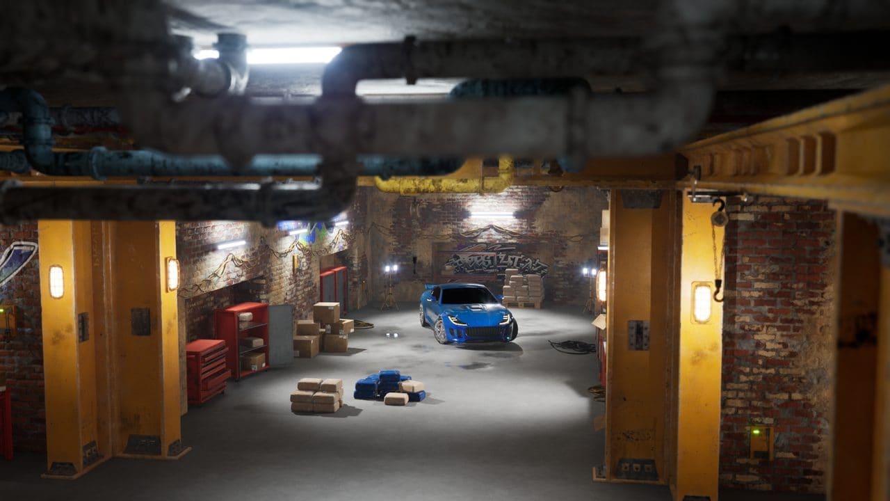 Underground Racing Garage virtual production standing set — angle 7 on the L.A. & ABQ Castle Studios stage