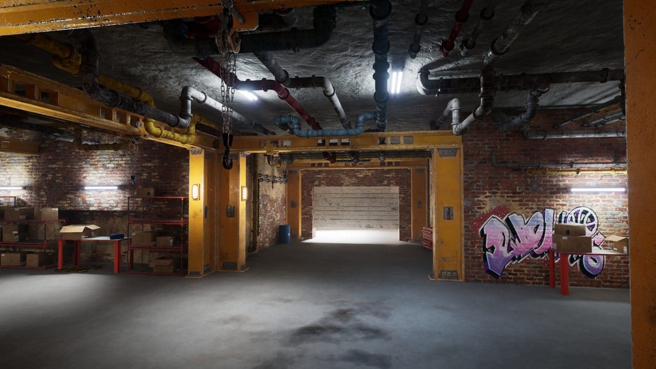 Underground Racing Garage virtual production standing set — angle 8 on the L.A. & ABQ Castle Studios stage