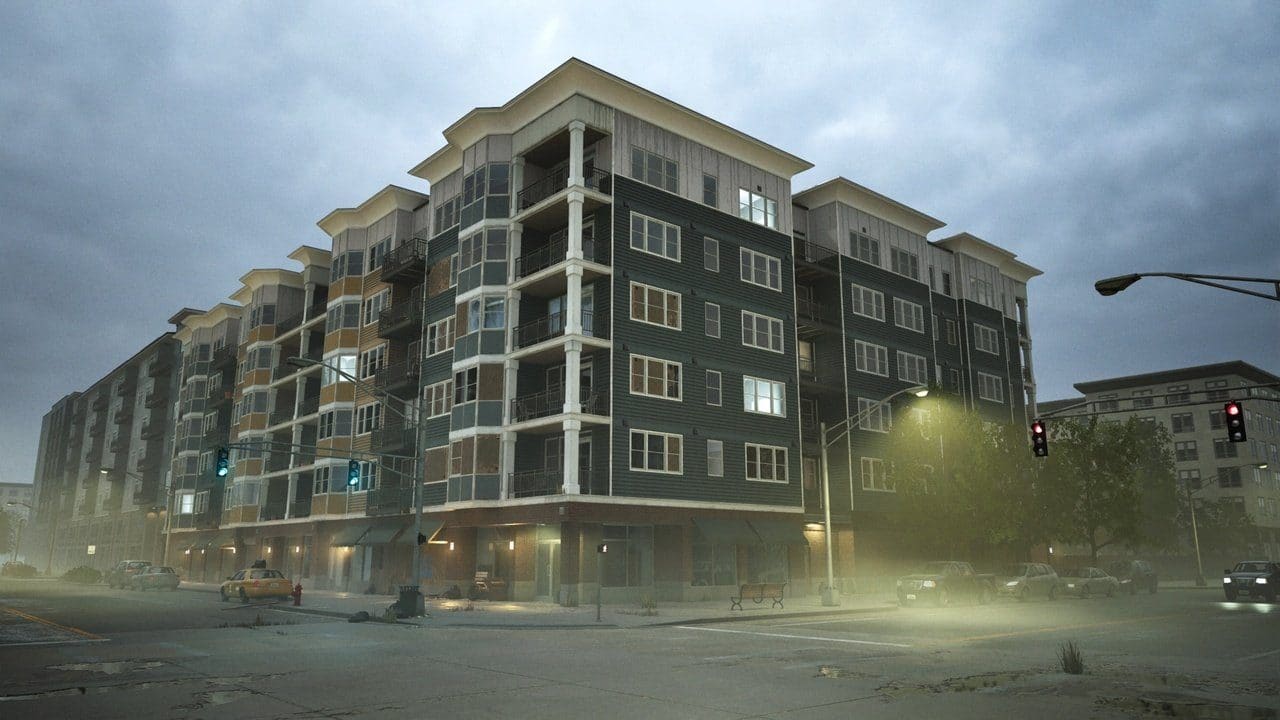 Urban Mid-rise virtual production standing set — angle 3 on the L.A. & ABQ Castle Studios stage
