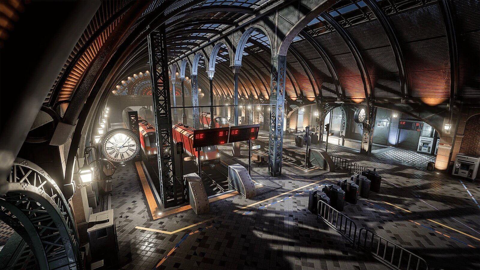 Victorian Railroad Terminal virtual production standing set — angle 5 on the L.A. & ABQ Castle Studios stage