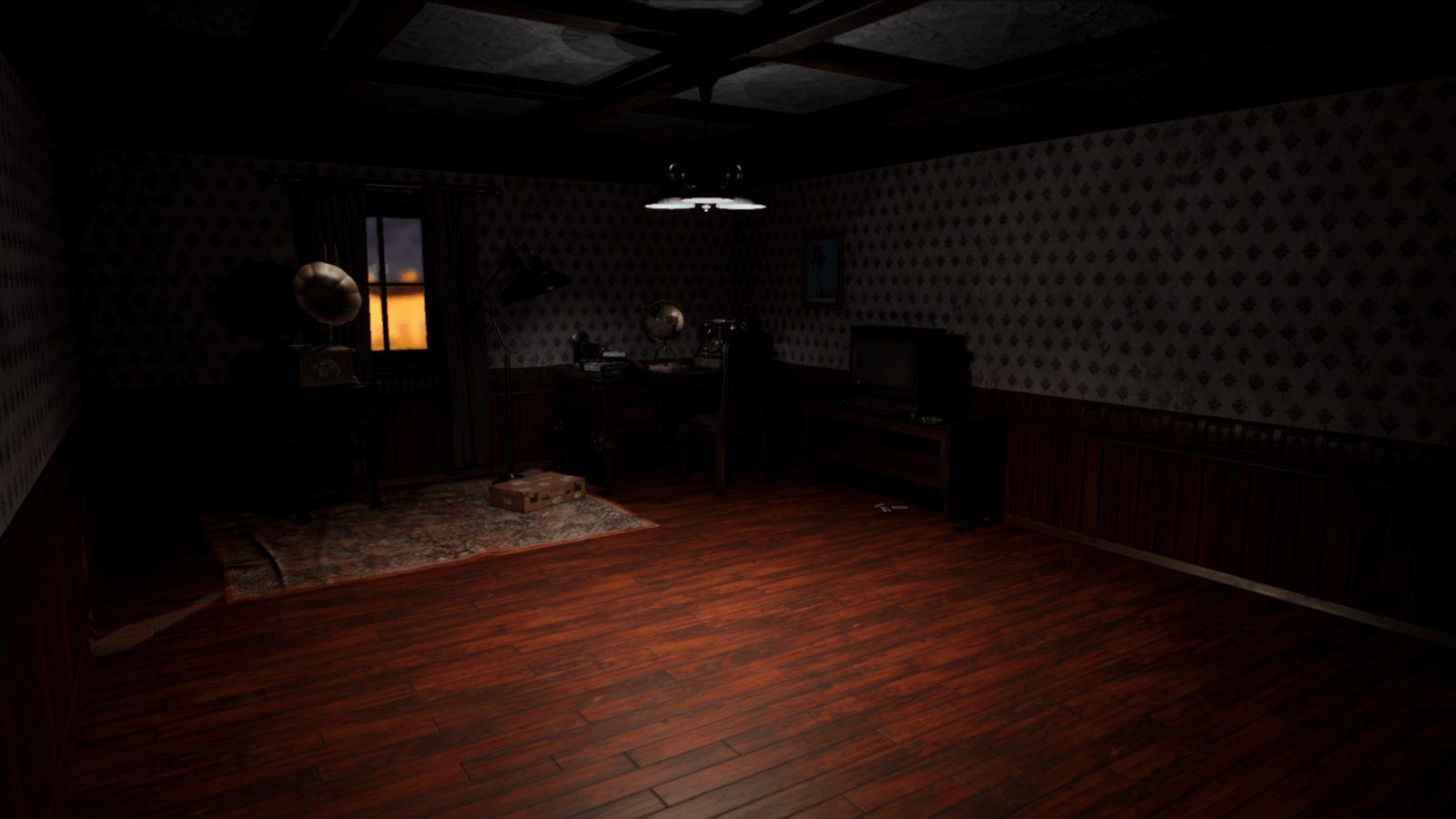 Vintage Room virtual production set — dimly lit Edwardian study with patterned wallpaper, gramophone, persian rug, and warm window light