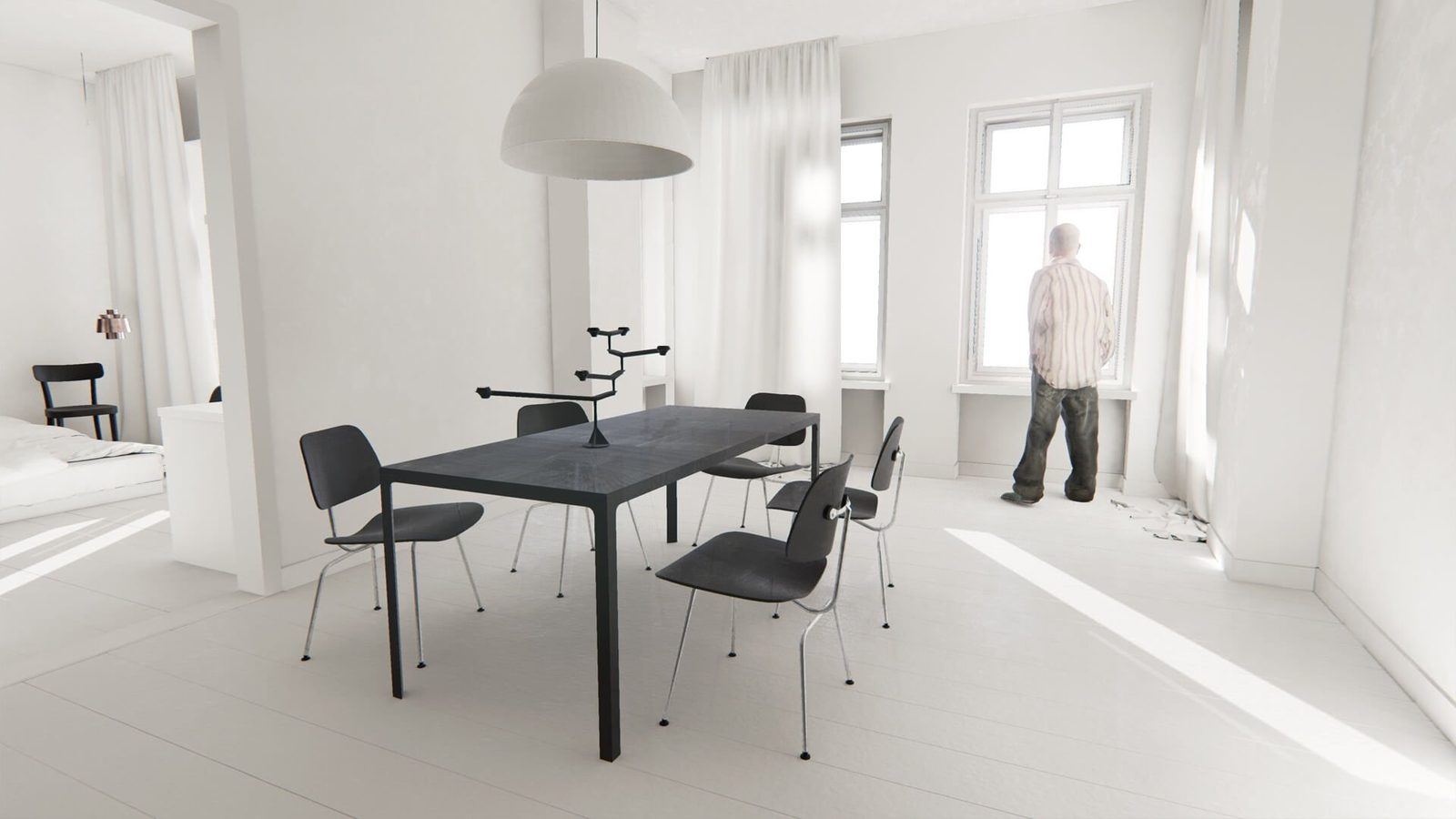 White Apartment virtual production standing set — angle 3 on the L.A. & ABQ Castle Studios stage